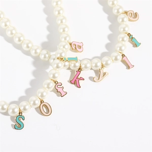 18K gold plated white pearl necklace featuring colorful letter pendants in candy colors