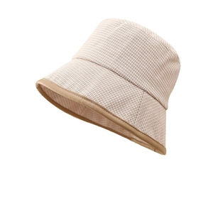 Japanese style woven bucket hat with breathable texture and brown trim detailing