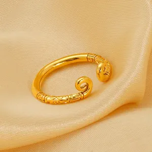 Mythical Golden Hoop Open Ring 18K Gold Plated Titanium Steel Adjustable Vintage Carved Cloud Pattern For Men Women