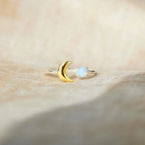 925 Sterling Silver Ring Open Adjustable With Gold Moon And Colorful Opal Minimalist Fashion Jewelry For Women