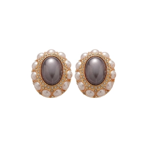 Vintage gold stud earrings with oval grey pearl, white pearls and sparkling crystals