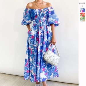 Floral Print Maxi Kleid Polyester Eckiger Ausschnitt Puffärmel Gesmokte Hohe Taille Boho Urlaub Sommer Damen