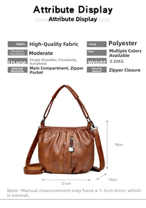 Detailed chart showing brown pleated handbag dimensions 21x15x18cm and inner structure