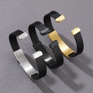 Three-piece set of woven titanium steel bangles in silver, black, and gold star finish