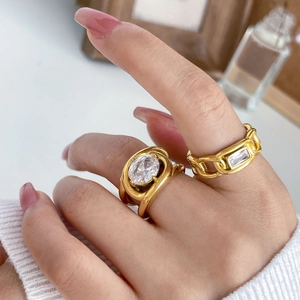 18K gold plated stainless steel multi-layer ring set with oval and rectangle zircon stones
