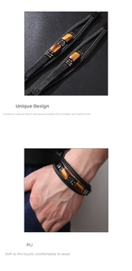 Detail view of men's layered leather bracelet featuring natural tiger eye stone beads