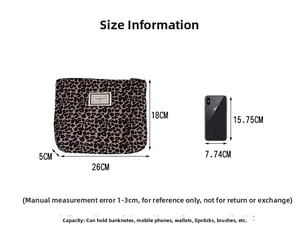 Detail view of leopard print canvas bag with dimensions 26x18x5cm for cosmetics and phone