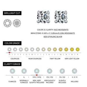 Sparkling S925 sterling silver moissanite stud earrings with 0.10ct D color VVS1 stones