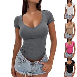 Close-up of slim fit V-neck T-shirts in grey, white, khaki, rose and black colors