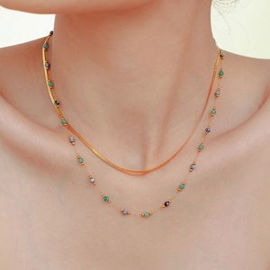 Double Layered Necklace Gold Plated Titanium Steel With Natural Stone Beaded Snake Chain Minimalist Jewelry For Women