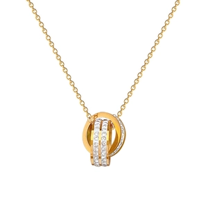 Minimalist double ring pendant necklace in gold stainless steel with sparkling crystals