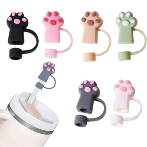 Set of 6 colorful cat paw silicone straw covers for 10mm drinking straws in various colors