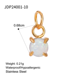 Detail of a 0.68cm stainless steel opal pendant with four-prong setting and size specs