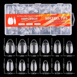 Size chart showing 12 sizes of clear soft gel full cover nail tips for professional use
