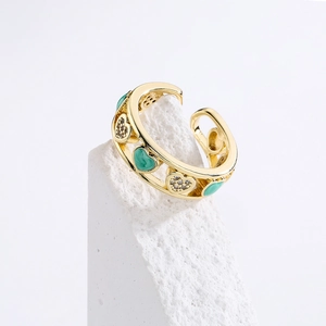 Adjustable 18K gold plated heart ring with green enamel and sparkling cubic zirconia