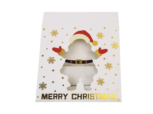Detail of Christmas gift box with gold snowflakes and Santa Claus transparent window