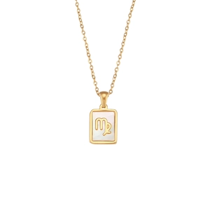Gold necklace with shell rectangle pendant featuring a 3D Virgo zodiac sign symbol