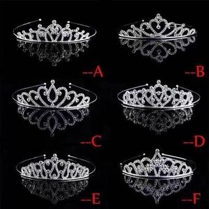 Detail view of six silver rhinestone tiara styles with elegant floral and heart patterns