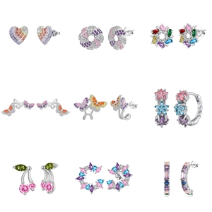 Collection of S925 silver stud earrings and hoops with multicolored zirconia stones