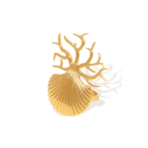 18K gold plated stainless steel open ring featuring seashell and coral branch motifs