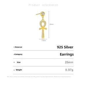 Detail specifications of 925 silver Ankh cross earrings with 25mm height and 7.5mm width