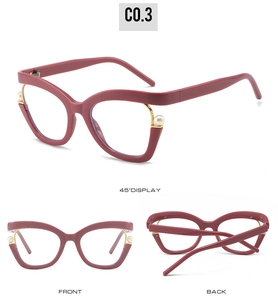 Three views of burgundy cat-eye glasses with pearl accents and golden metal joints