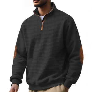 Schwarzes Waffelstrick-Sweatshirt für Herren mit halbem Reißverschluss und Ellbogen-Patches