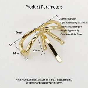 Golden bow-shaped alloy hair hook showing product dimensions 40mm x 25mm