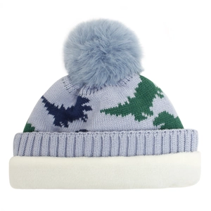 Detailed view of baby dinosaur knit hat with fluffy blue pompom and cozy fleece lining