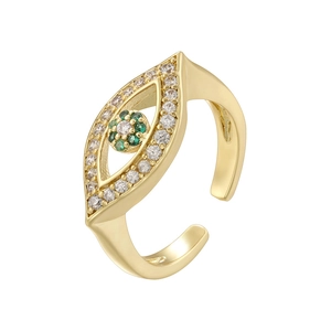 Adjustable golden Evil Eye ring with sparkling green and clear cubic zirconia stones