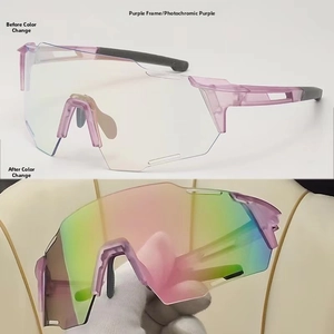 Detail of photochromic sports sunglasses with purple frame showing before and after effect
