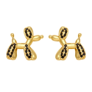 Cute golden balloon dog stud earrings with sparkling black micro-pave crystals