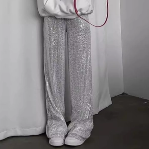 Women's sparkling silver sequin straight leg trousers for festive party fashion