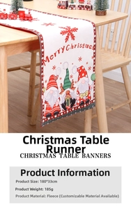 Detail of Christmas table runner featuring printed gnomes and Merry Christmas text