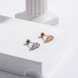 Detailed shot of fan-shaped stainless steel screw-back earrings with zircon on stone pedestal