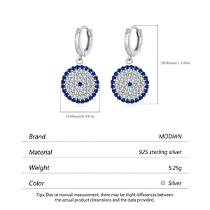 Boucles d'oreilles créoles mauvais œil en argent S925 avec cristaux bleus 14x28mm
