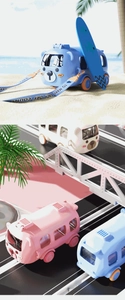 Detail of creative bus-shaped kids water bottle with adjustable strap and surfboard accessory