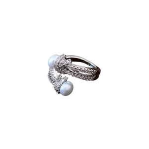 French style silver knot ring with sparkling zircon pavé and dual white pearls