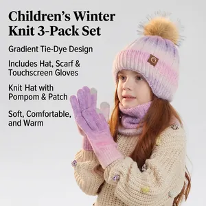 Kinder Strickset Mütze Schal Handschuhe mit Farbverlauf und großem Bommel für Winter