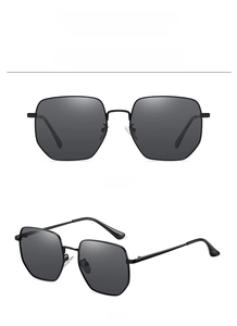 Front and 45-degree side view of black polygonal sunglasses with high-definition lenses