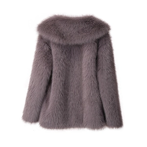 Detail view of purple faux fur jacket showing high-quality texture and large lapel collar