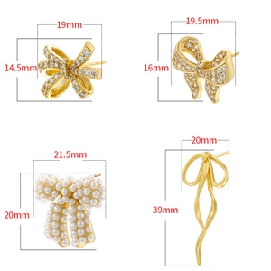 Four styles of copper bow earrings with pearls and zircons in various sizes and designs