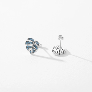 Elegant S925 sterling silver monstera leaf stud earrings with turquoise blue accents