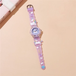 Orologio viola unicorno per bambini con cinturino in silicone 3D e quadrante arcobaleno
