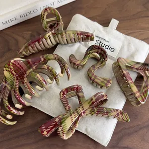 Pinces À Cheveux Rétro À Carreaux Britanniques Nœud Papillon Acrylique Résine Grande Pince Crabe Cadeau De Noël Femmes