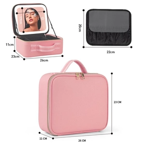 Pink PU leather makeup case with LED mirror and adjustable dividers in portable hand-held design