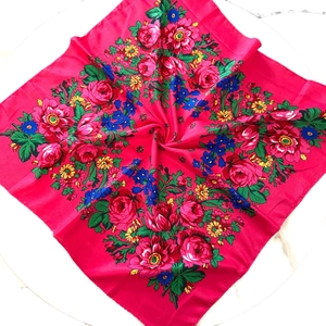 Ethnic style red cotton linen square scarf with vibrant rose and daisy floral patterns