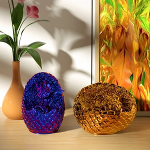 3D printed dragon egg silicone molds showing iridescent purple and gold metallic resin crafts