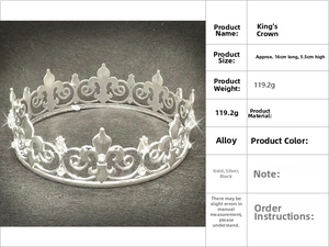 Spécifications détaillées de la couronne baroque argentée de 16 cm de long et 5,5 cm de haut