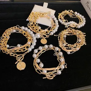 Vintage Multi Row Gold Alloy Chain Bracelet With Imitation Artificial Pearl Coin Pendant OT Buckle Fashion Jewelry For Women